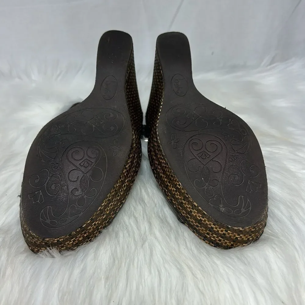 Born BOC Black Leather Raffia Wedge Peep‎ Toe Shoes Sz 9